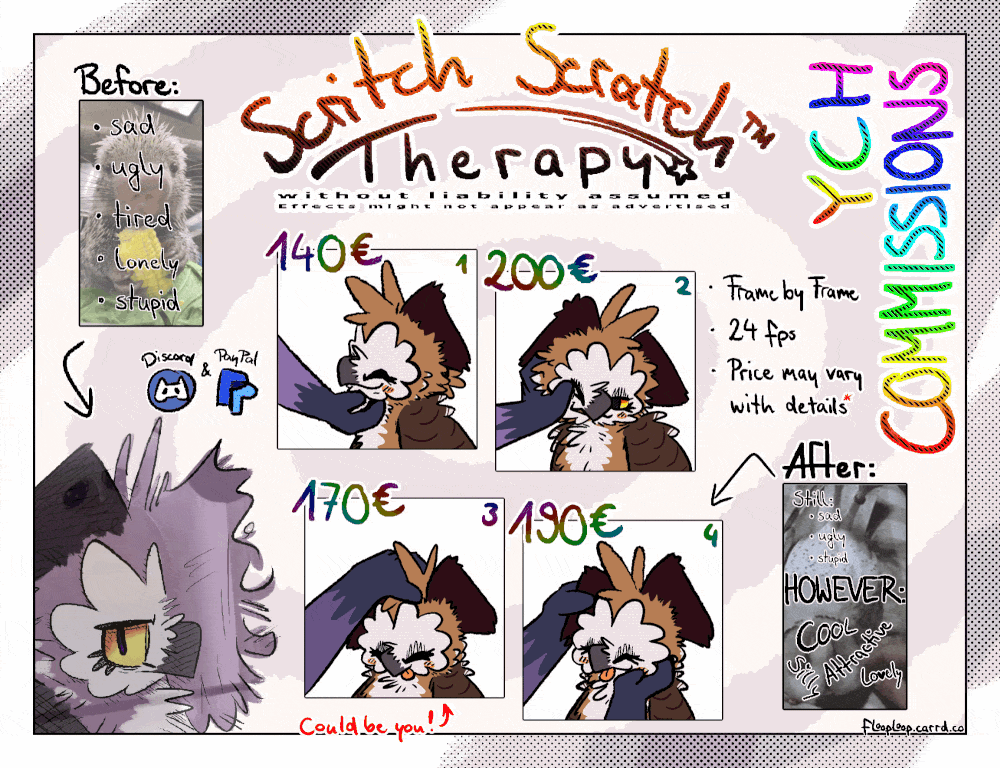Scritch Scratch YCH A GIF showing the animations and prices for each scritch scratch animation loop!