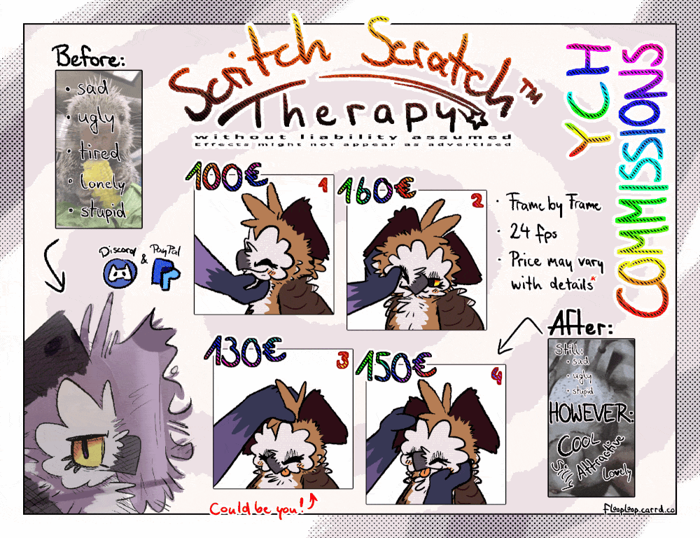 Scritch Scratch YCH A GIF showing the animations and prices for each scritch scratch animation loop!